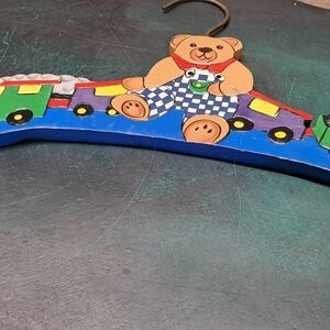 Blue Teddy Train Kids Wooden Hanger